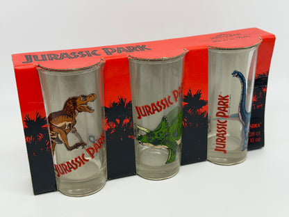 Jurassic Park "3er Gläserset Vintage" T-Rex, Brachiosaurus, Triceratops OVP Ruhr Kristall Glas Made in Germany (1992/1993)