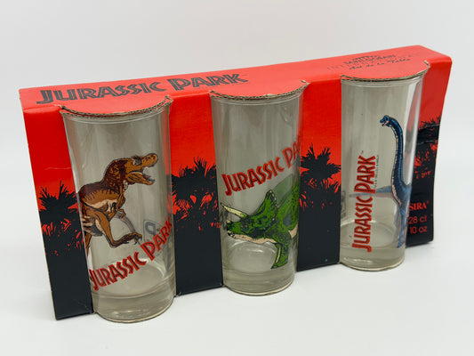 Jurassic Park "3er Gläserset Vintage" T-Rex, Brachiosaurus, Triceratops OVP Ruhr Kristall Glas Made in Germany (1992/1993)