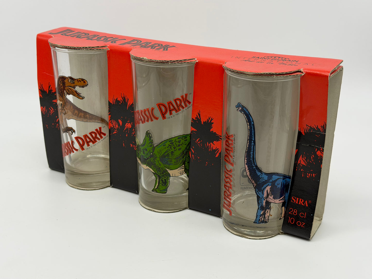 Jurassic Park "3er Gläserset Vintage" T-Rex, Brachiosaurus, Triceratops OVP Ruhr Kristall Glas Made in Germany (1992/1993)