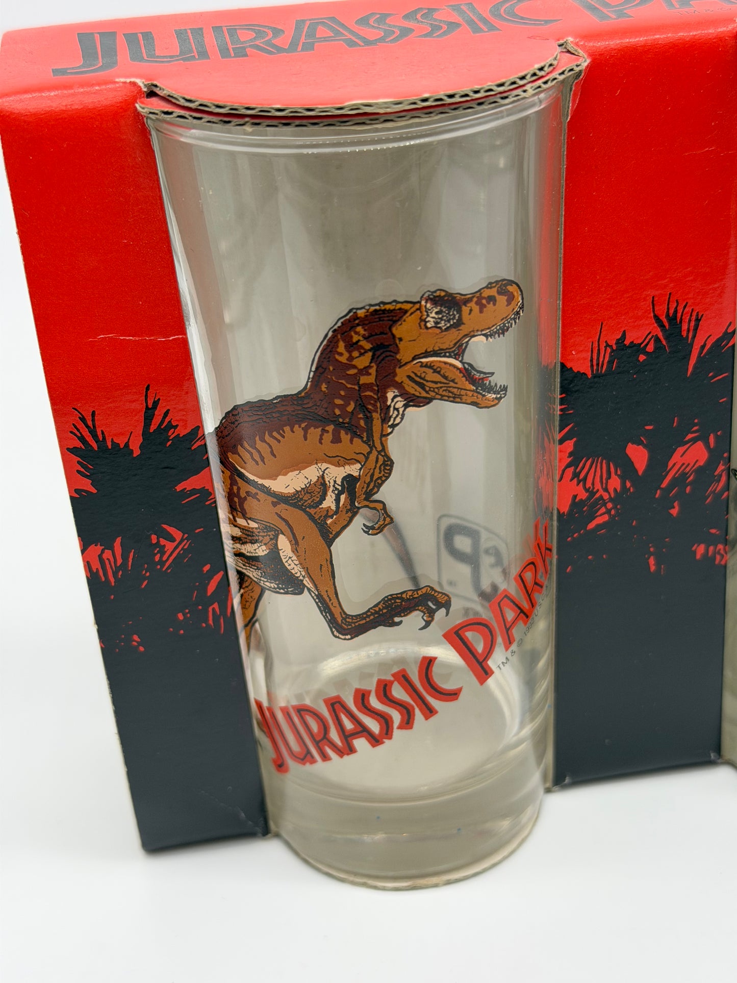 Jurassic Park "3er Gläserset Vintage" T-Rex, Brachiosaurus, Triceratops OVP Ruhr Kristall Glas Made in Germany (1992/1993)