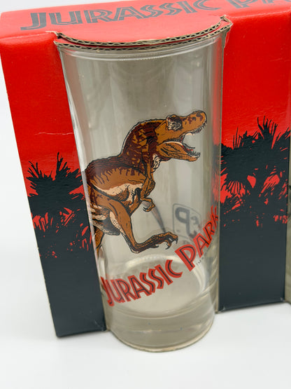 Jurassic Park "3er Gläserset Vintage" T-Rex, Brachiosaurus, Triceratops OVP Ruhr Kristall Glas Made in Germany (1992/1993)
