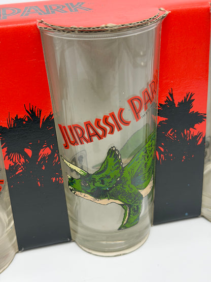 Jurassic Park "3er Gläserset Vintage" T-Rex, Brachiosaurus, Triceratops OVP Ruhr Kristall Glas Made in Germany (1992/1993)