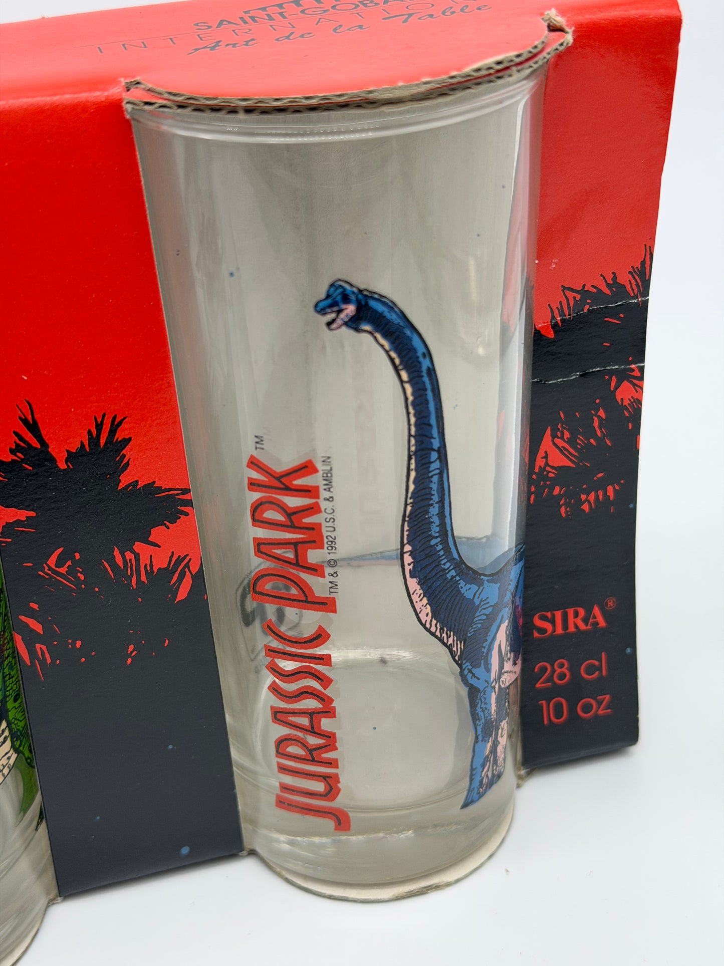 Jurassic Park "3er Gläserset Vintage" T-Rex, Brachiosaurus, Triceratops OVP Ruhr Kristall Glas Made in Germany (1992/1993)