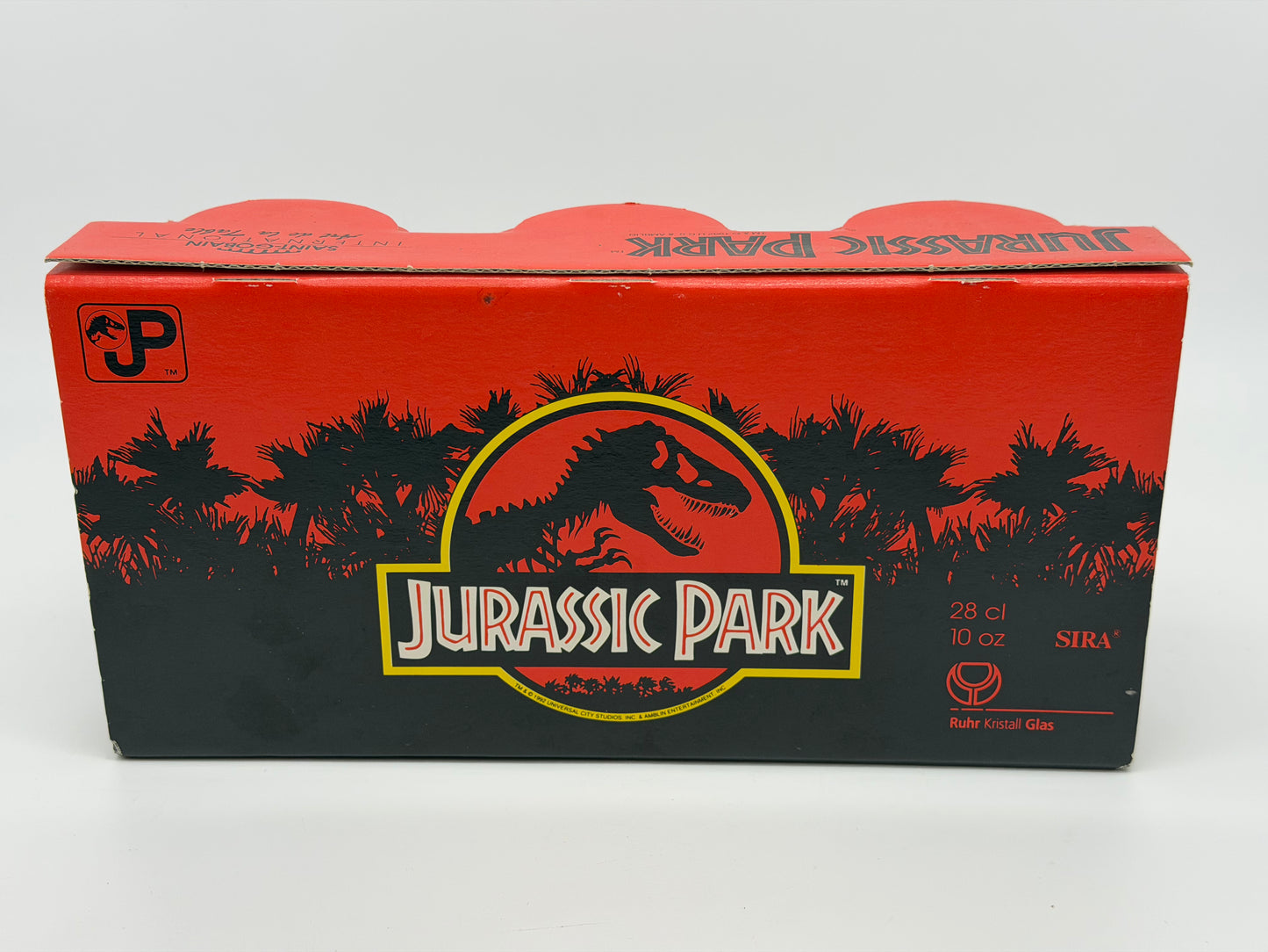 Jurassic Park "3er Gläserset Vintage" T-Rex, Brachiosaurus, Triceratops OVP Ruhr Kristall Glas Made in Germany (1992/1993)