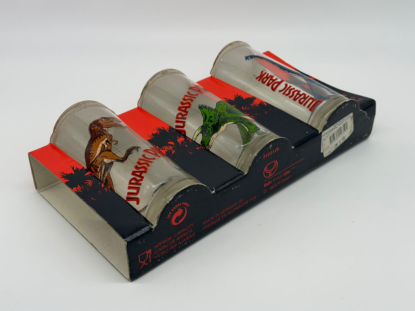 Jurassic Park "3er Gläserset Vintage" T-Rex, Brachiosaurus, Triceratops OVP Ruhr Kristall Glas Made in Germany (1992/1993)