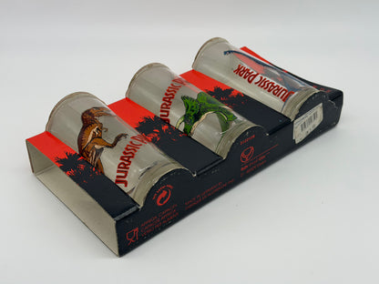 Jurassic Park "3er Gläserset Vintage" T-Rex, Brachiosaurus, Triceratops OVP Ruhr Kristall Glas Made in Germany (1992/1993)
