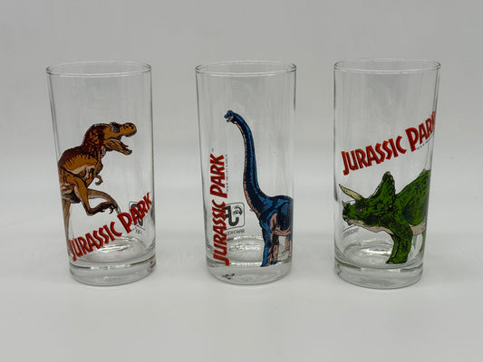 Jurassic Park "3er Gläserset Vintage" T-Rex, Brachiosaurus, Triceratops (1992)