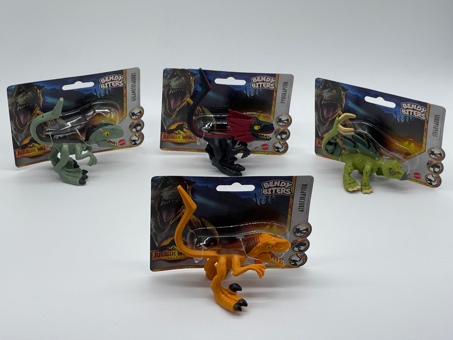 Jurassic World Bendy Biters Giganotosaurus, Pyroraptor, Atrociraptor, Stegosaurus