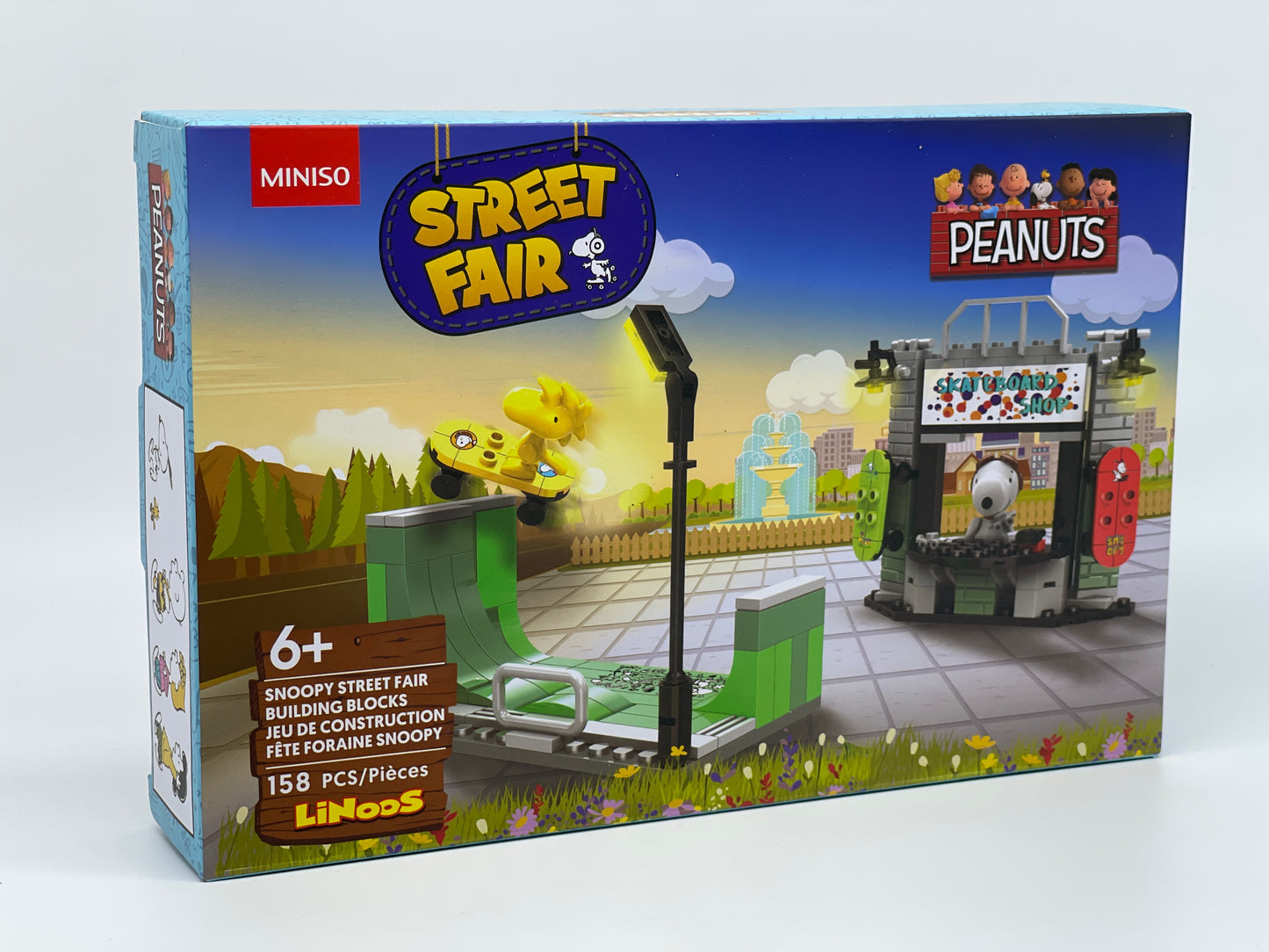 MINISO Japan "Peanuts Skateboard Shop" Street Fair Building Blocks Linoos