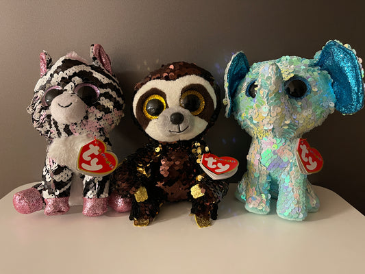 TY Beanie Babies Flippables Baby Zebra, Sloth, Elephant with Sequins Limited Edition 